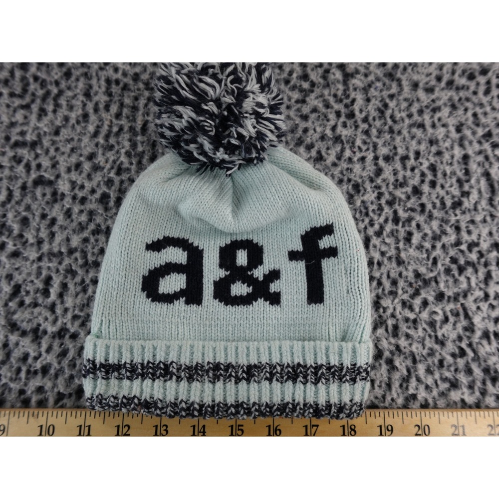 Abercrombie Kids Light‎ Blue Knit Pom Beanie Heart A&F Logo Stripes